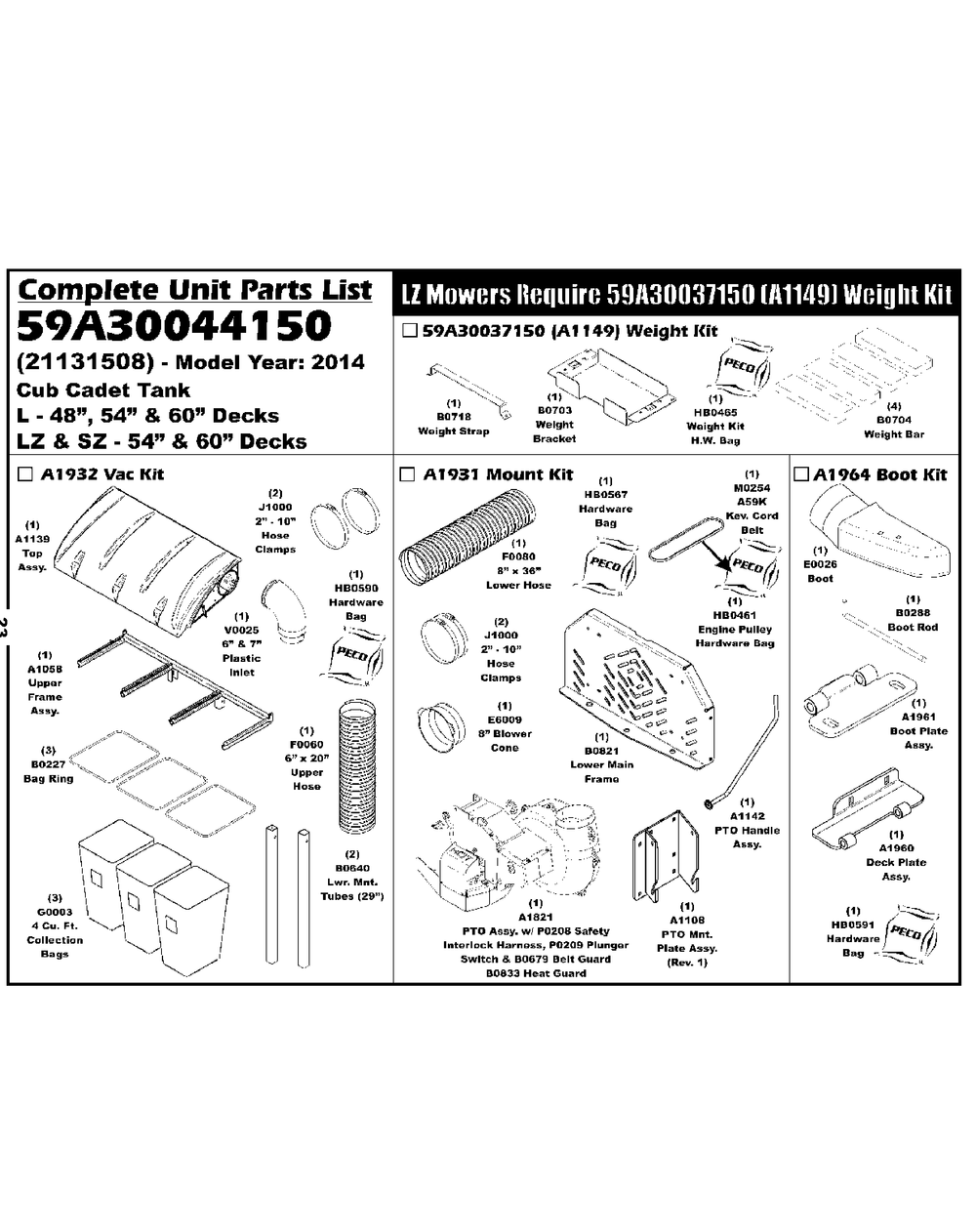 Unit Parts List Diagram and Parts List for 59A30044150  Cub Cadet Lawn Tractor